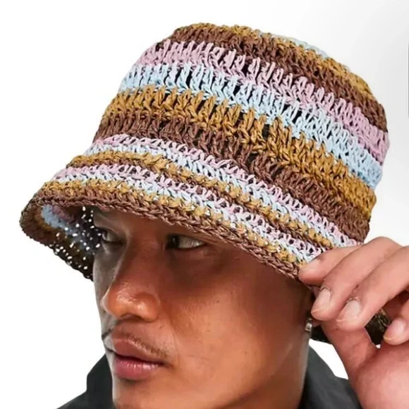 COPY - NWT ASOS Design Straw Bucket Hat- Unisex- Brown/Tan/Light Blue- OSFM - Picture 5 of 5